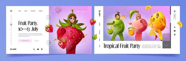 aterrissagem de desenhos animados de festa de frutas tropicais, convite vetor