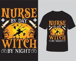 enfermeira de dia bruxa à noite design de camiseta de halloween, férias citações de halloween tshirt pro download vetor