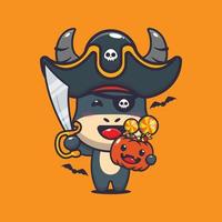 búfalo de piratas fofos no dia de halloween. ilustração bonito dos desenhos animados de halloween. vetor