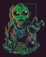 ilustração de arte vetorial alienígena verde tocando dj vetor