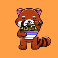 bonito panda vermelho comendo macarrão dos desenhos animados ilustração de ícones do vetor. conceito de desenho animado plano. adequado para qualquer projeto criativo. vetor