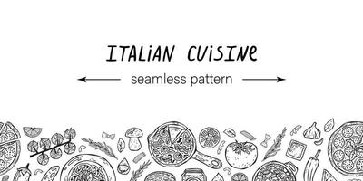 padrão horizontal sem costura de vetor de ilustrações desenhadas à mão da cozinha italiana.