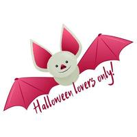 férias de outono dia das bruxas. morcego engraçado com enormes orelhas rosa e presas afiadas. um feriado sinistro com doces e travessuras. ilustração em estilo cartoon. vetor