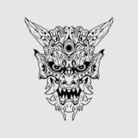 máscara de demônio da cultura japonesa ou máscara oni com estilo de desenho de mão em fundo branco. pronto para roupas impressas e tatuagens vetor