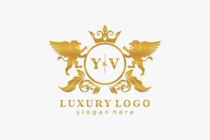 modelo de logotipo de luxo real de leão de letra yv inicial em arte vetorial para restaurante, realeza, boutique, café, hotel, heráldica, joias, moda e outras ilustrações vetoriais. vetor