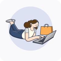 mulher às compras online com computador portátil. vetor