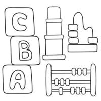 brinquedos educativos. brinquedos infantis para crianças pré-escolares no estilo doodle. um conjunto de ilustrações vetoriais em um fundo branco. vetor