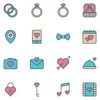vetor de conjunto de ícones de linha cheia de casamento