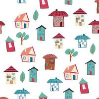 crianças sem costura padrão com elemento de coloração em casa doodle. padrão de casa, casas coloridas fofas, decoração infantil engraçada. vetor