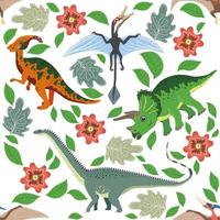doodle padrão de dinossauro. impressão de dragão têxtil sem costura, fundo de tecido infantil na moda, dinossauros de desenho animado. vetor