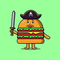 pirata de hambúrguer de mascote de desenho bonito segurando a espada vetor