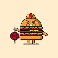 personagem chinês de hambúrguer de desenho animado bonito segurar a lanterna vetor