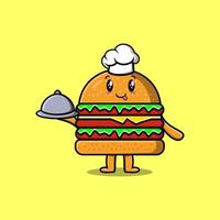 hambúrguer de chef bonito dos desenhos animados servindo comida na bandeja vetor