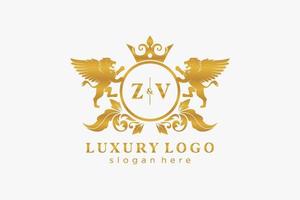 modelo de logotipo de luxo real de leão de letra zv inicial em arte vetorial para restaurante, realeza, boutique, café, hotel, heráldica, joias, moda e outras ilustrações vetoriais. vetor