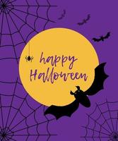 cartão de feliz dia das bruxas, vetor definido lua, morcego, teia de aranha, aranha, para tela ou design de impressão, cartão postal de saudação