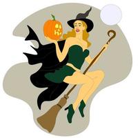 bruxa bonita está voando ao redor da sala com uma abóbora na mão no contexto da lua. uma linda mulher com um chapéu assustador e uma capa de chuva preta. ilustração em vetor de halloween.