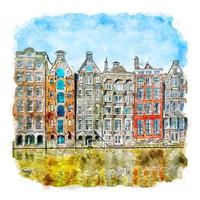 amsterdã holanda desenho aquarela ilustração desenhada à mão vetor