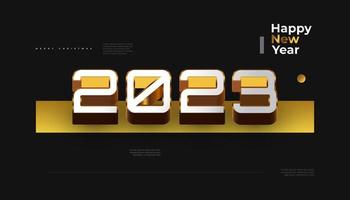 feliz ano novo 2023 banner com números 3d brancos e dourados isolados em fundo preto. 2023 design de ano novo para banner, pôster ou cartão de felicitações vetor