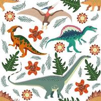 doodle padrão de dinossauro. impressão de dragão têxtil sem costura, fundo de tecido infantil na moda, dinossauros de desenho animado. vetor