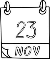 calendário desenhado à mão em estilo doodle. 23 de novembro. dia mundial da aquarela, data. ícone, elemento de adesivo para design. planejamento, férias de negócios vetor