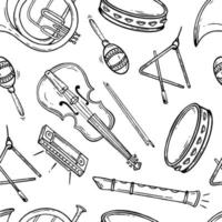 instrumentos musicais sem costura padrão desenhados à mão vector ilustração doodle preto e branco