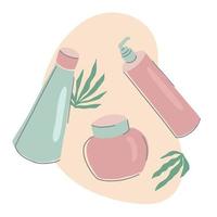 arranjo de produtos de beleza. flatlay com frascos e tubos de cosméticos. ilustração vetorial desenhada à mão vetor