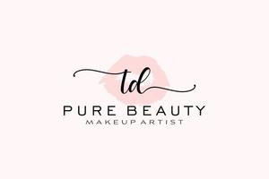 design de logotipo pré-fabricado de lábios de aquarela td inicial, logotipo para marca de negócios de maquiador, design de logotipo de boutique de beleza blush, logotipo de caligrafia com modelo criativo. vetor