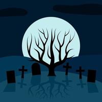uma árvore solitária no cemitério à noite na frente da lua. fundo de vetor para o dia das bruxas