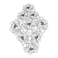 arte de doodle de buquê de flores de peônia de contorno de página de coloração de flores gráfico de vetor isolado fundo