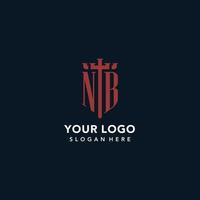 nb logotipos iniciais de monograma com design de forma de espada e escudo vetor