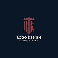 rk logotipos iniciais do monograma com design de forma de espada e escudo vetor