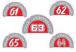 logotipo de aniversário de 61 a 65 anos e design de adesivo vetor