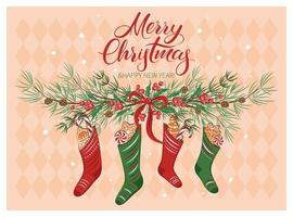 cartão de natal com presentes em meias e com decorações de inverno. feliz natal e feriado de ano novo. ilustração vetorial vetor