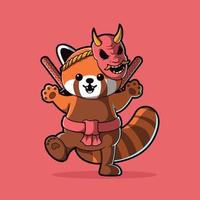 panda vermelho bonito como uma ilustração vetorial de samurai. animal, engraçado, conceito de design de mascote. vetor