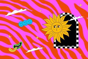 ilustração abstrata groovy e hippie, sol alegre no fundo da zebra ácida. arte psicodélica com emoji e arco. vetor