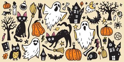 coleção brilhante de conjunto de esboço de adesivo de halloween. grande conjunto de doodle desenhado à mão. vetor
