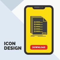 Verifica. arquivamento. Lista. listagem. ícone de glifo de registro no celular para página de download. fundo amarelo vetor