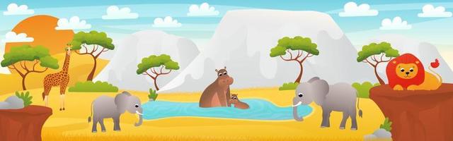 paisagem africana com animais bonitos dos desenhos animados - elefante, hipopótamo sentado na água e leão, banner web com cena de savana, exploração do deserto africano, pôster horizontal do zoológico para impressão vetor