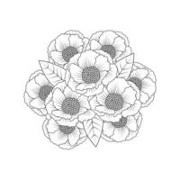 arte de doodle de buquê de flores de peônia de contorno de página de coloração de flores gráfico de vetor isolado fundo