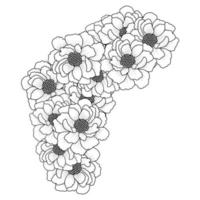 arte de doodle de buquê de flores de peônia de contorno de página de coloração de flores gráfico de vetor isolado fundo