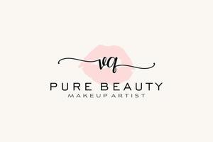 design de logotipo pré-fabricado de lábios de aquarela vq inicial, logotipo para marca de negócios de maquiador, design de logotipo de boutique de beleza blush, logotipo de caligrafia com modelo criativo. vetor