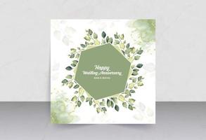 folhas verdes com cartão de aniversário de casamento de moldura de polígono vetor