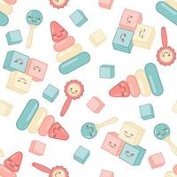 padrão sem emenda de chá de bebê fofo com brinquedos com rostos kawaii isolados no fundo branco. ilustração vetorial. elemento de design para tecido, têxtil, papel de parede ou decoração de berçário. vetor