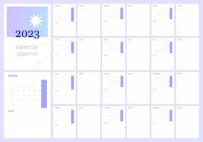 planejador de calendário 2023. modelo de planejador diário, semanal e mensal. imprimível para fazer a lista. página do organizador de negócios. folha de papel. semana começa na segunda-feira. programador moderno 12 meses editável a3, a4, a5. vetor