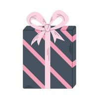caixa de presente listrada de vetor. presente com fita rosa e arco. presente preto e rosa para natal, aniversário ou outra celebração. vetor