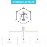 rede, global, dados, conexão, design de fluxograma de negócios de negócios com 3 etapas. ícone de linha para modelo de plano de fundo de apresentação lugar para texto vetor