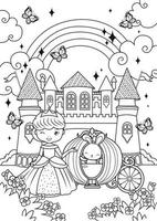 desenho de princesa fofa e coelho no castelo mágico para colorir vetor