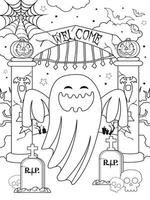 página para colorir de halloween do fantasma voador branco no portão do cemitério vetor