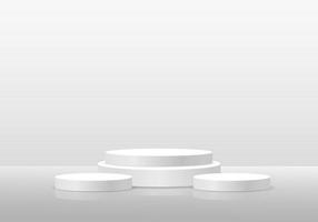 Produtos de fundo 3d brancos existem três esferas para exibir produtos, tanto de alta quanto de baixa. capaz de colocar produtos cosméticos, etc. a atmosfera enfatiza o luxo como palco para uma vitrine. vetor