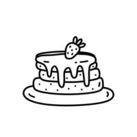 panquecas fofas com geléia de morango decorada com frutas. comida doce isolada no fundo branco. ilustração vetorial desenhada à mão em estilo doodle. perfeito para cartões, decorações, logotipo, menu. vetor